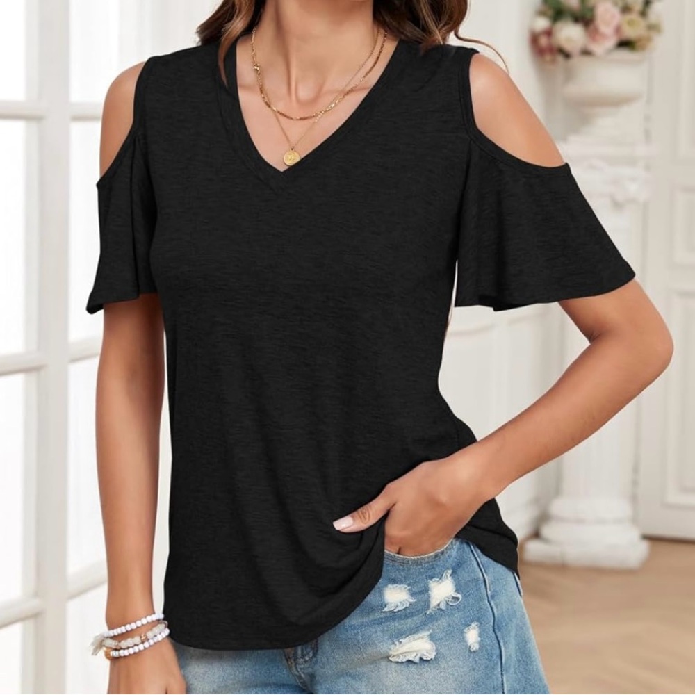 Short Sleeve Cold Shoulder V-Neck Blouse with Ruffle Sleeves
